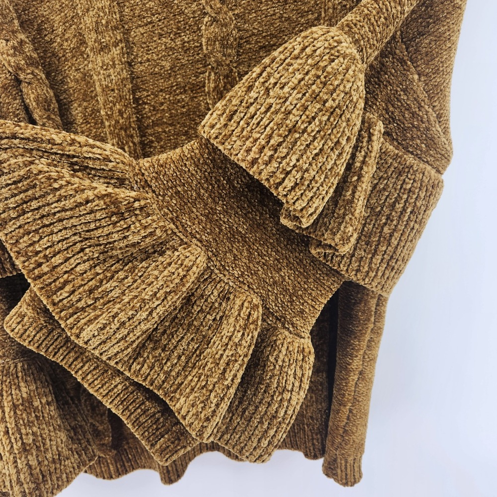 For The Republic Chenille Sweater Brown Cable Knit Tiered Ruffle Bell Sleeve XL - Picture 5 of 5